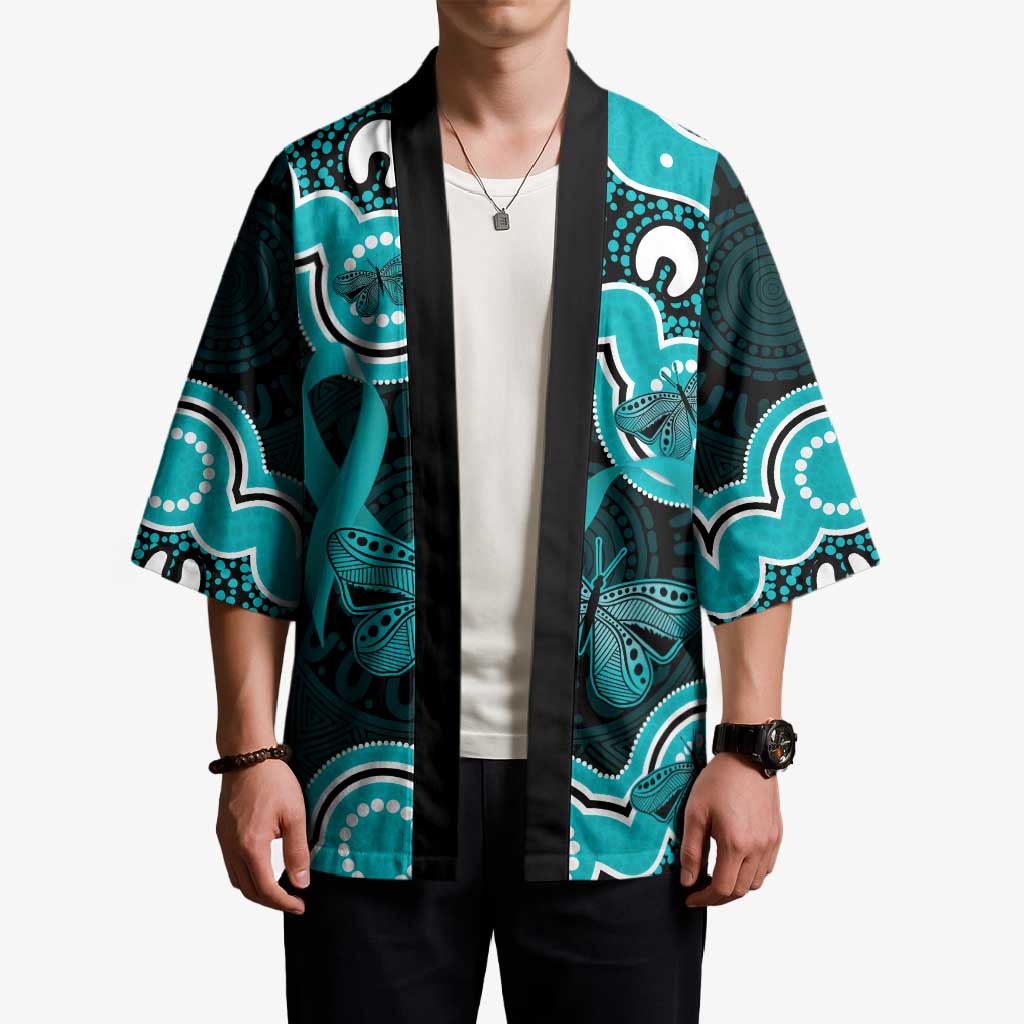 Cyan Ribbon PTSD Awareness Month Kimono Aboriginal Art - Aussie Hoodie