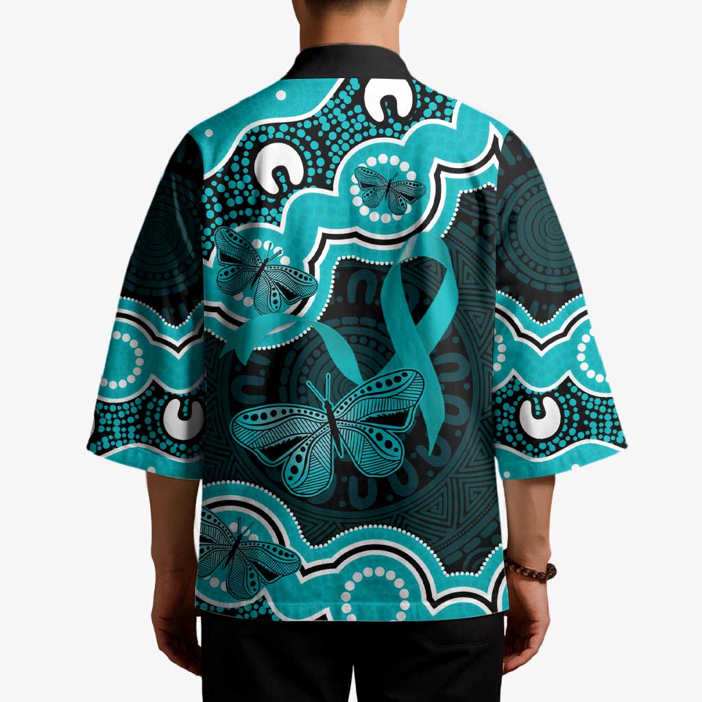 Cyan Ribbon PTSD Awareness Month Kimono Aboriginal Art - Aussie Hoodie