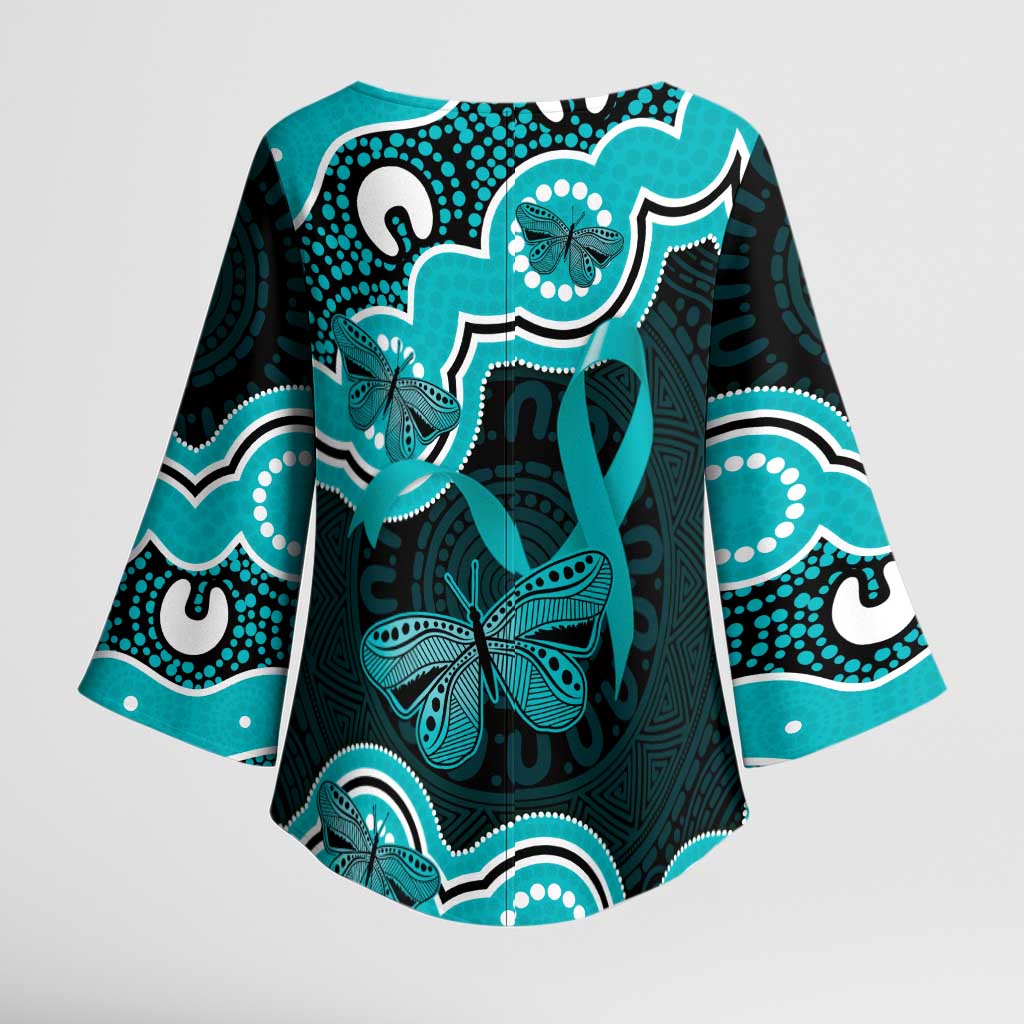 Cyan Ribbon PTSD Awareness Month Kimono Sleeve Blouse Aboriginal Art - Aussie Hoodie