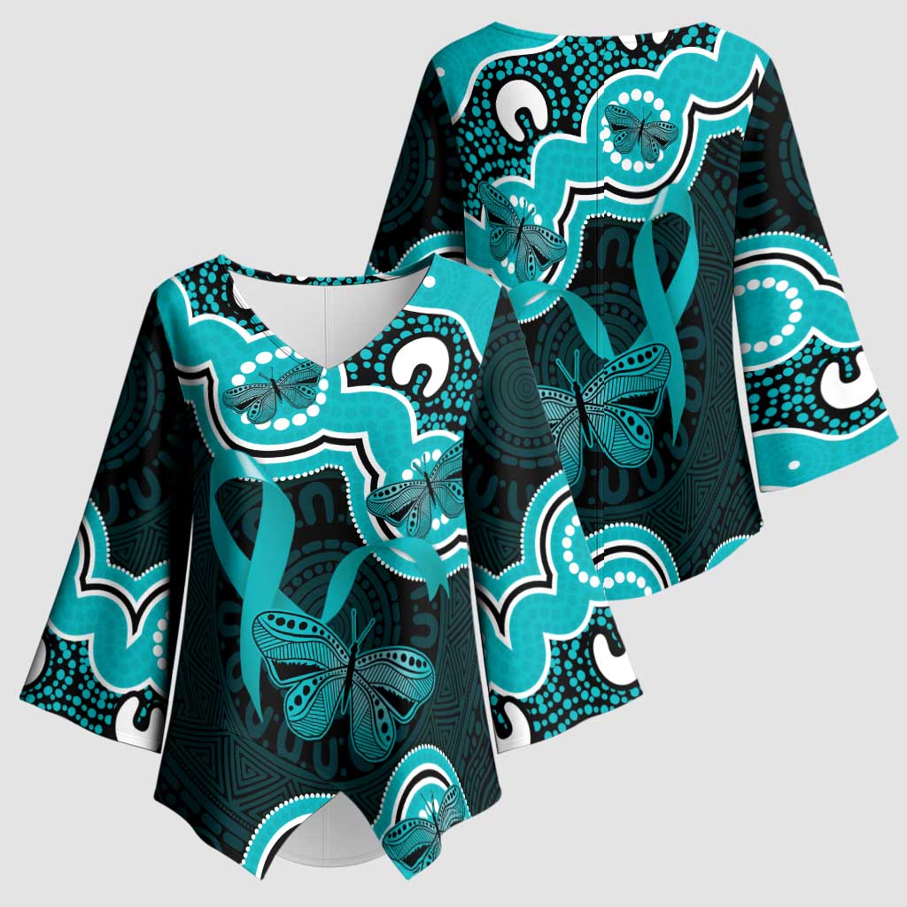 Cyan Ribbon PTSD Awareness Month Kimono Sleeve Blouse Aboriginal Art - Aussie Hoodie