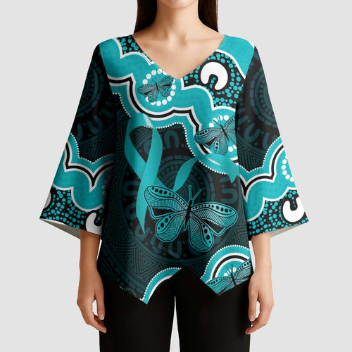 Cyan Ribbon PTSD Awareness Month Kimono Sleeve Blouse Aboriginal Art - Aussie Hoodie