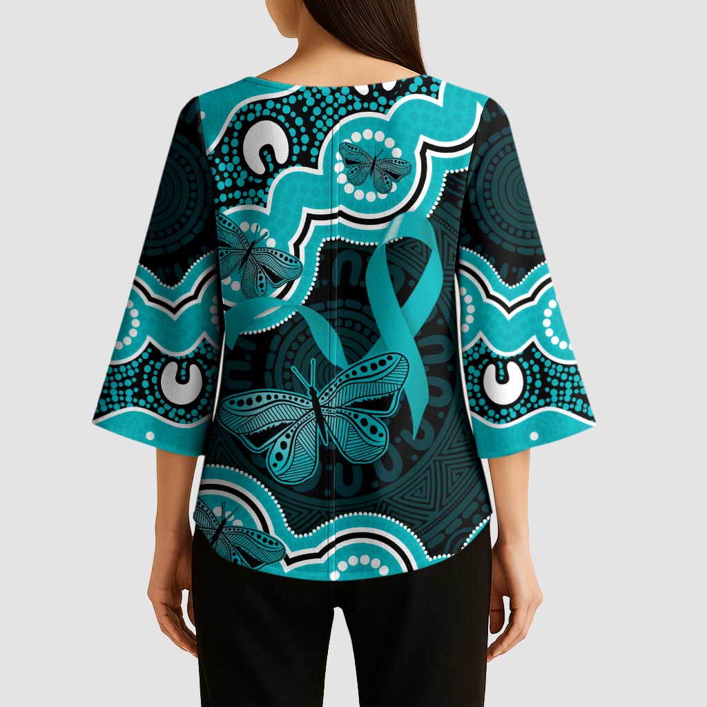 Cyan Ribbon PTSD Awareness Month Kimono Sleeve Blouse Aboriginal Art - Aussie Hoodie