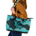 Cyan Ribbon PTSD Awareness Month Leather Tote Bag Aboriginal Art - Aussie Hoodie