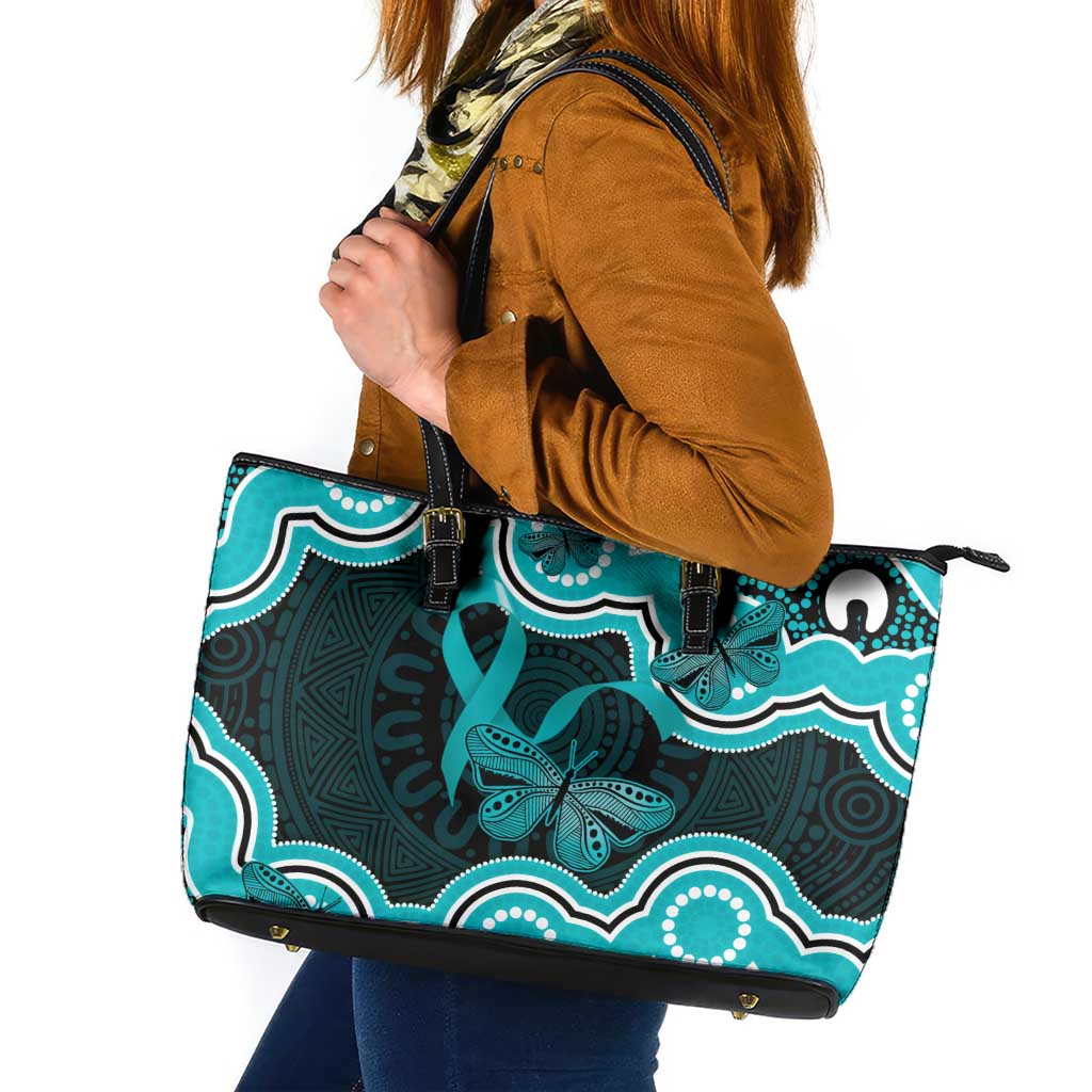 Cyan Ribbon PTSD Awareness Month Leather Tote Bag Aboriginal Art - Aussie Hoodie