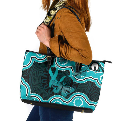 Cyan Ribbon PTSD Awareness Month Leather Tote Bag Aboriginal Art - Aussie Hoodie