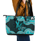 Cyan Ribbon PTSD Awareness Month Leather Tote Bag Aboriginal Art - Aussie Hoodie