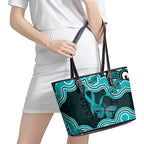 Cyan Ribbon PTSD Awareness Month Leather Tote Bag Aboriginal Art - Aussie Hoodie
