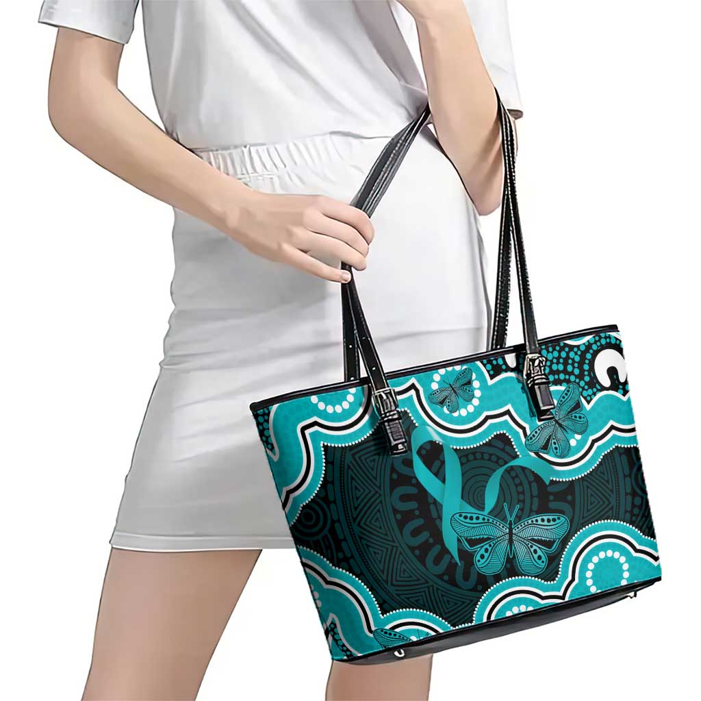 Cyan Ribbon PTSD Awareness Month Leather Tote Bag Aboriginal Art - Aussie Hoodie