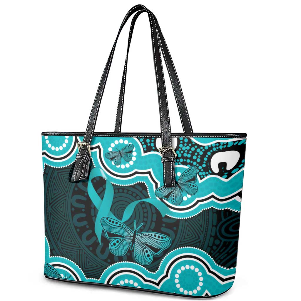 Cyan Ribbon PTSD Awareness Month Leather Tote Bag Aboriginal Art - Aussie Hoodie
