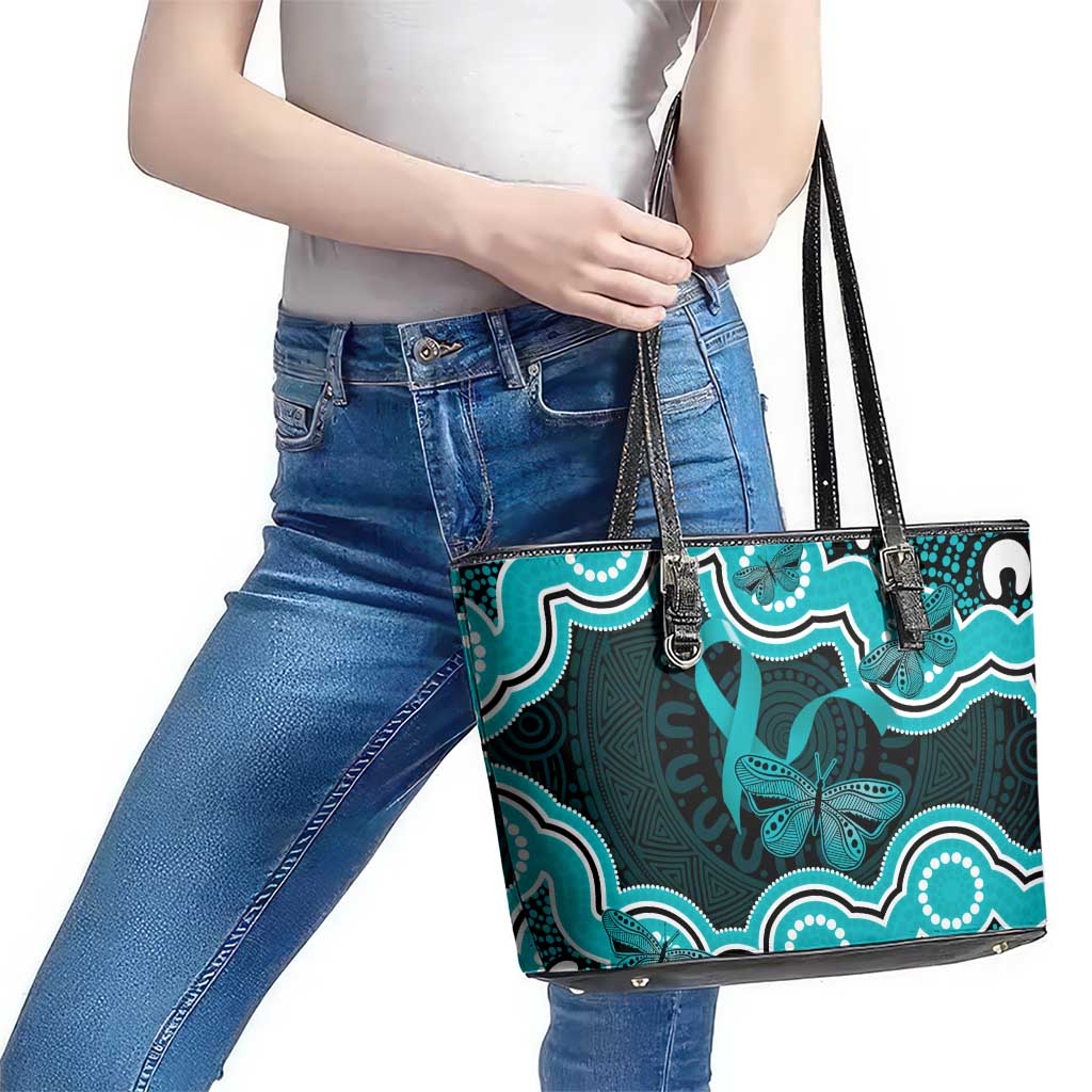 Cyan Ribbon PTSD Awareness Month Leather Tote Bag Aboriginal Art - Aussie Hoodie