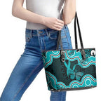 Cyan Ribbon PTSD Awareness Month Leather Tote Bag Aboriginal Art - Aussie Hoodie
