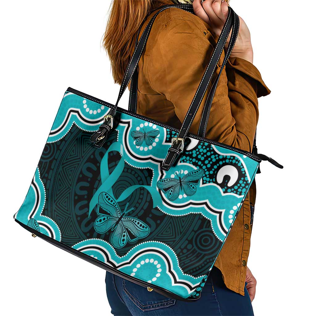 Cyan Ribbon PTSD Awareness Month Leather Tote Bag Aboriginal Art - Aussie Hoodie