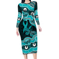 Cyan Ribbon PTSD Awareness Month Long Sleeve Bodycon Dress Aboriginal Art - Aussie Hoodie