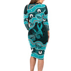 Cyan Ribbon PTSD Awareness Month Long Sleeve Bodycon Dress Aboriginal Art - Aussie Hoodie