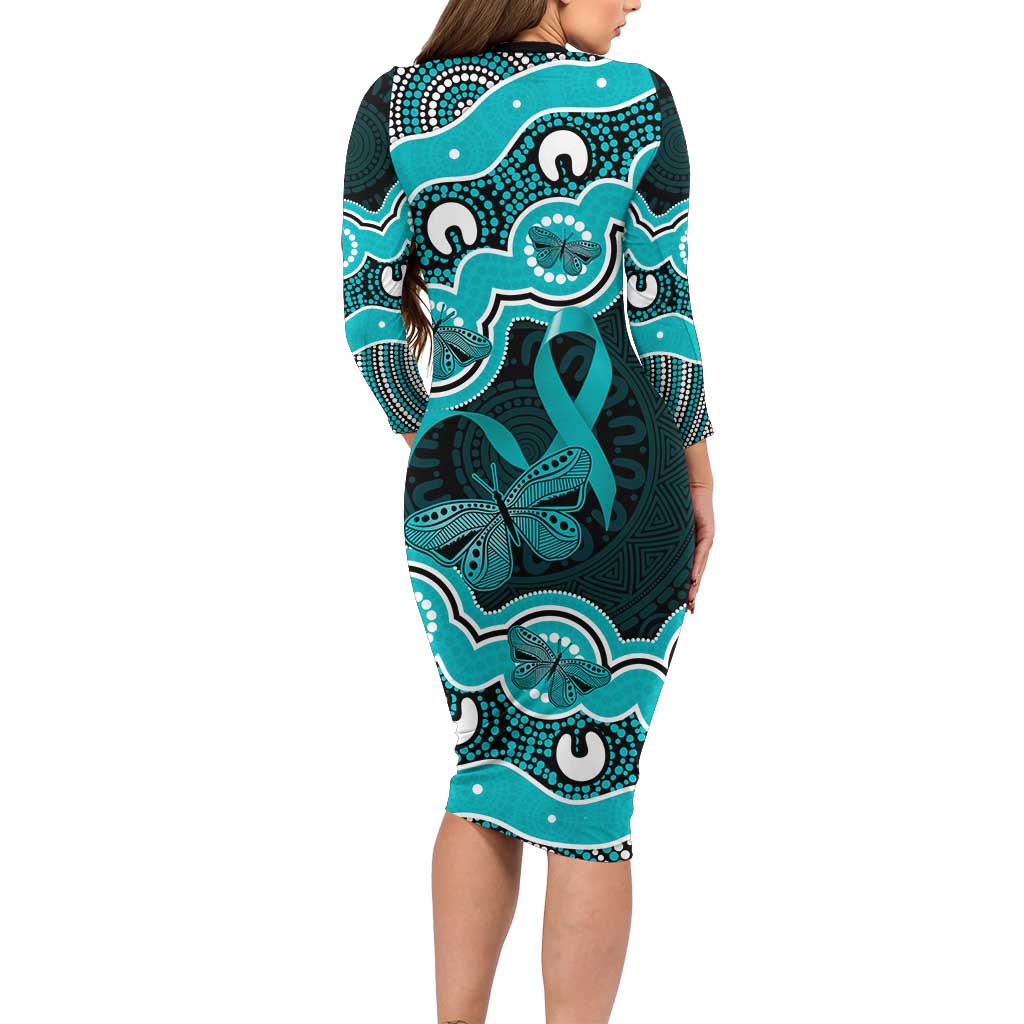 Cyan Ribbon PTSD Awareness Month Long Sleeve Bodycon Dress Aboriginal Art - Aussie Hoodie