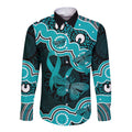 Cyan Ribbon PTSD Awareness Month Long Sleeve Button Shirt Aboriginal Art - Aussie Hoodie