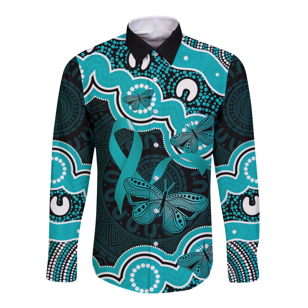 Cyan Ribbon PTSD Awareness Month Long Sleeve Button Shirt Aboriginal Art - Aussie Hoodie