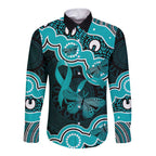 Cyan Ribbon PTSD Awareness Month Long Sleeve Button Shirt Aboriginal Art - Aussie Hoodie