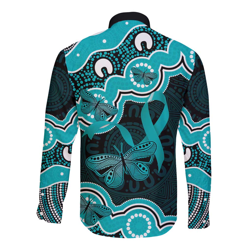 Cyan Ribbon PTSD Awareness Month Long Sleeve Button Shirt Aboriginal Art - Aussie Hoodie