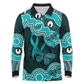 Cyan Ribbon PTSD Awareness Month Long Sleeve Polo Shirt Aboriginal Art - Aussie Hoodie