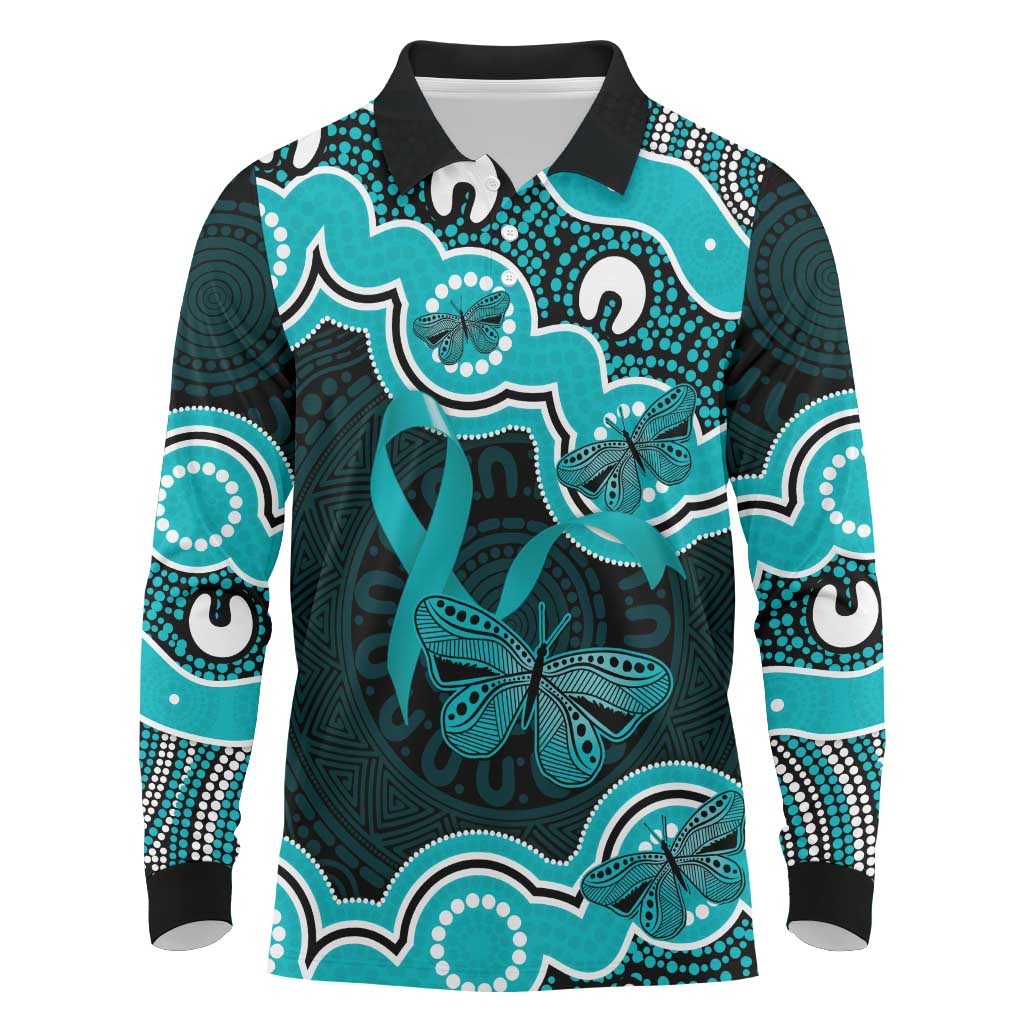 Cyan Ribbon PTSD Awareness Month Long Sleeve Polo Shirt Aboriginal Art - Aussie Hoodie