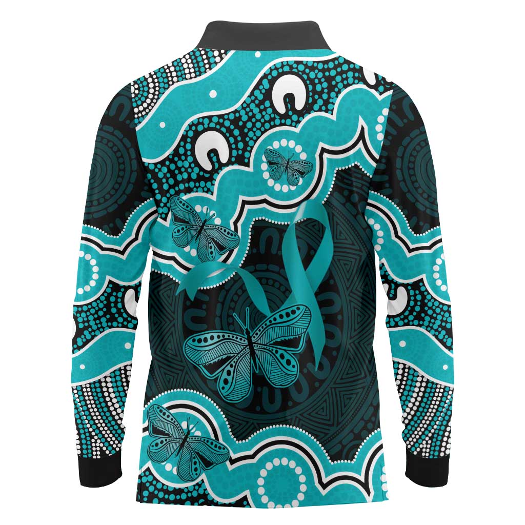 Cyan Ribbon PTSD Awareness Month Long Sleeve Polo Shirt Aboriginal Art - Aussie Hoodie
