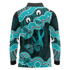 Cyan Ribbon PTSD Awareness Month Long Sleeve Polo Shirt Aboriginal Art - Aussie Hoodie