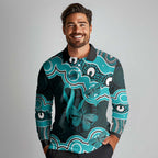 Cyan Ribbon PTSD Awareness Month Long Sleeve Polo Shirt Aboriginal Art - Aussie Hoodie