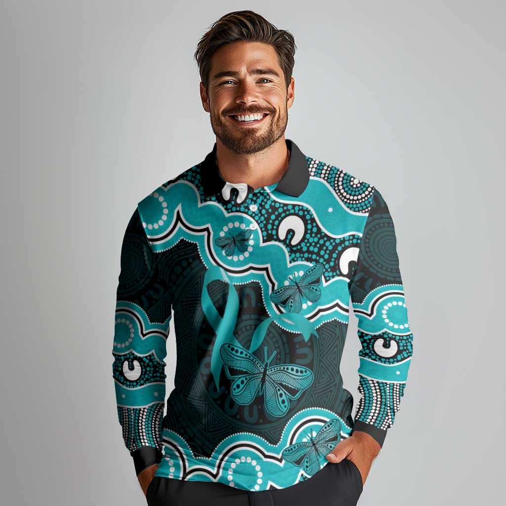 Cyan Ribbon PTSD Awareness Month Long Sleeve Polo Shirt Aboriginal Art - Aussie Hoodie