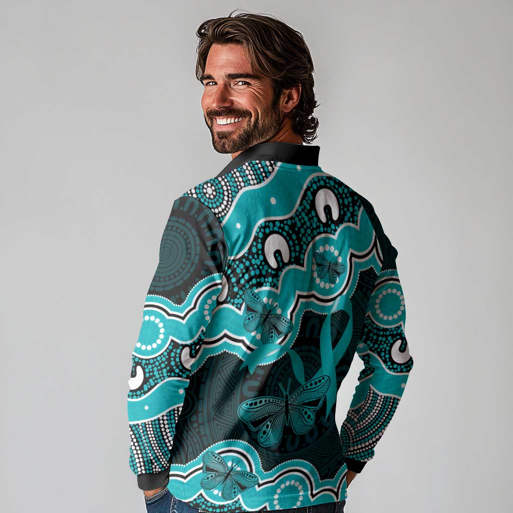 Cyan Ribbon PTSD Awareness Month Long Sleeve Polo Shirt Aboriginal Art - Aussie Hoodie