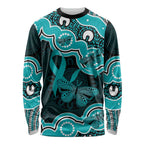 Cyan Ribbon PTSD Awareness Month Long Sleeve Shirt Aboriginal Art - Aussie Hoodie