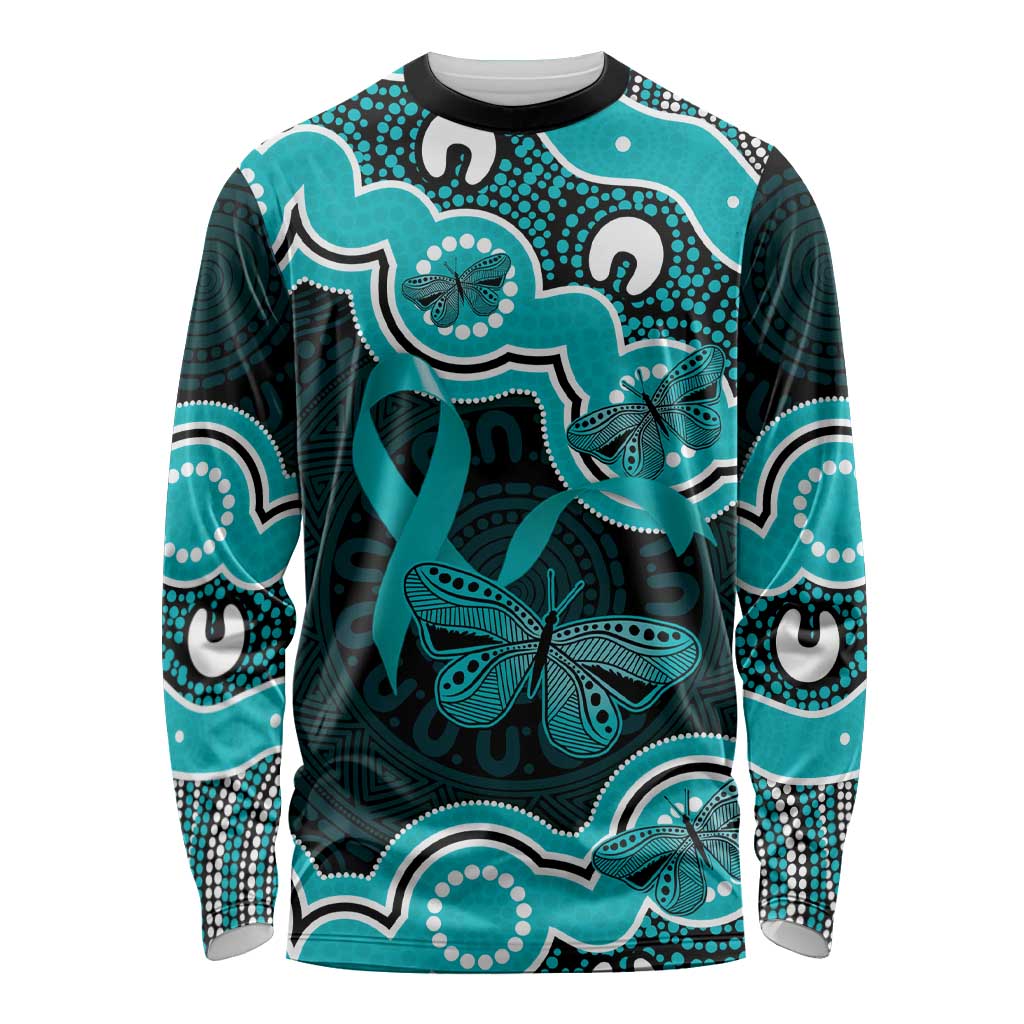 Cyan Ribbon PTSD Awareness Month Long Sleeve Shirt Aboriginal Art - Aussie Hoodie