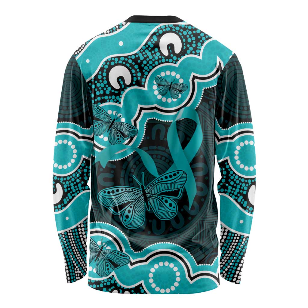 Cyan Ribbon PTSD Awareness Month Long Sleeve Shirt Aboriginal Art - Aussie Hoodie