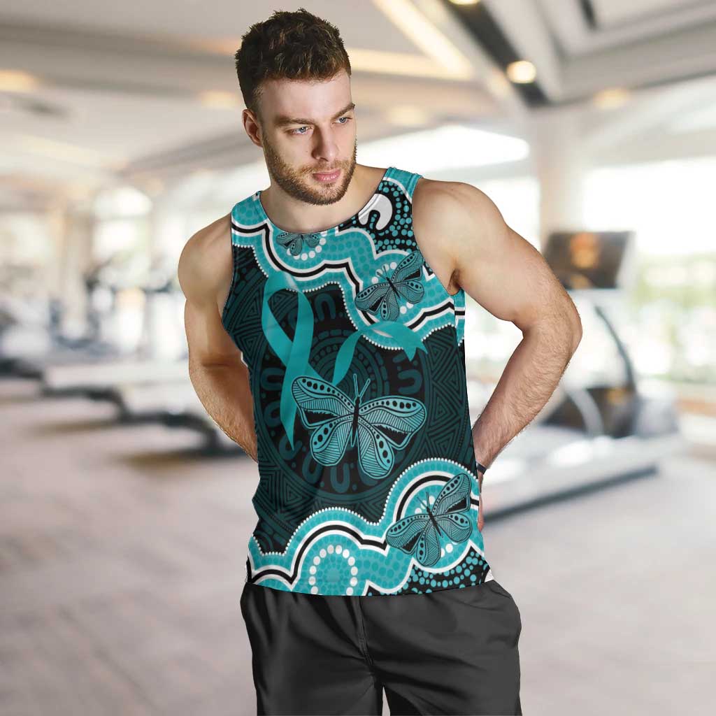 Cyan Ribbon PTSD Awareness Month Men Tank Top Aboriginal Art - Aussie Hoodie