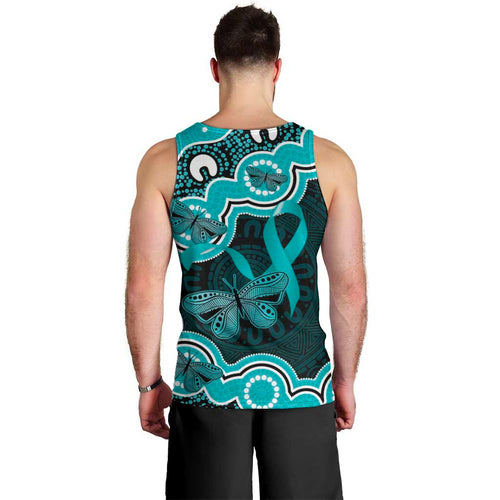 Cyan Ribbon PTSD Awareness Month Men Tank Top Aboriginal Art - Aussie Hoodie
