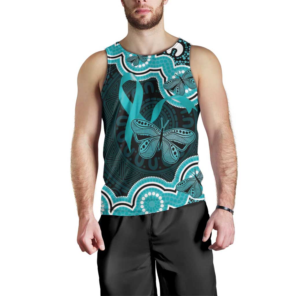 Cyan Ribbon PTSD Awareness Month Men Tank Top Aboriginal Art - Aussie Hoodie