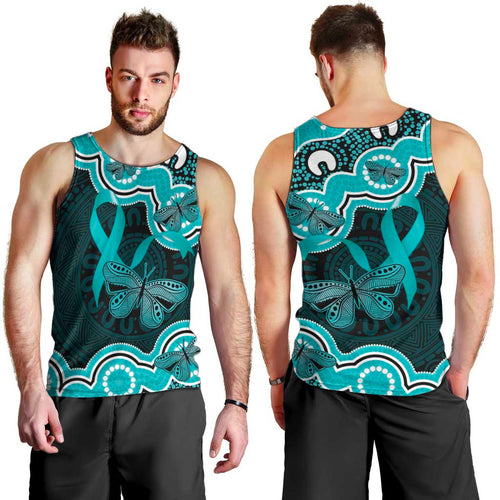 Cyan Ribbon PTSD Awareness Month Men Tank Top Aboriginal Art - Aussie Hoodie