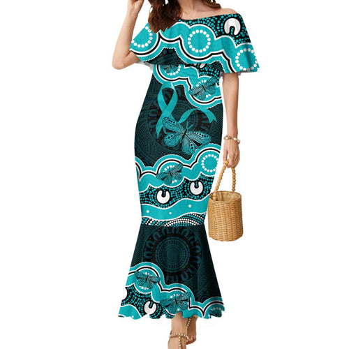 Cyan Ribbon PTSD Awareness Month Mermaid Dress Aboriginal Art - Aussie Hoodie