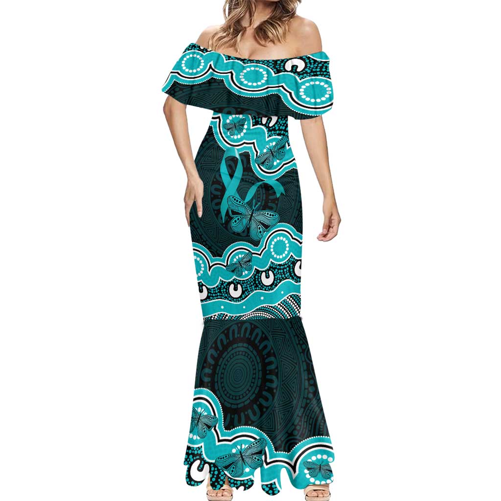 Cyan Ribbon PTSD Awareness Month Mermaid Dress Aboriginal Art - Aussie Hoodie