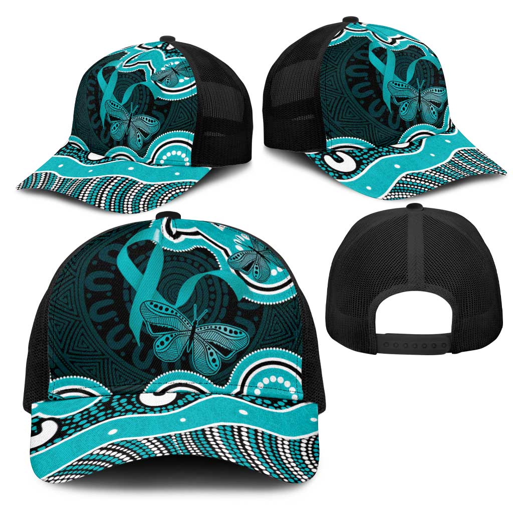 Cyan Ribbon PTSD Awareness Month Mesh Trucker Cap Aboriginal Art - Aussie Hoodie