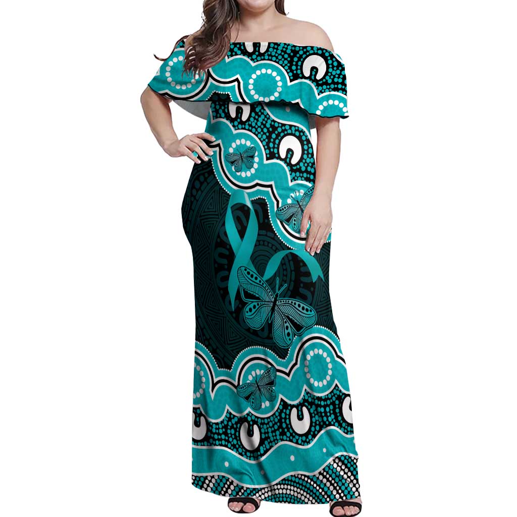 Cyan Ribbon PTSD Awareness Month Off Shoulder Maxi Dress Aboriginal Art - Aussie Hoodie