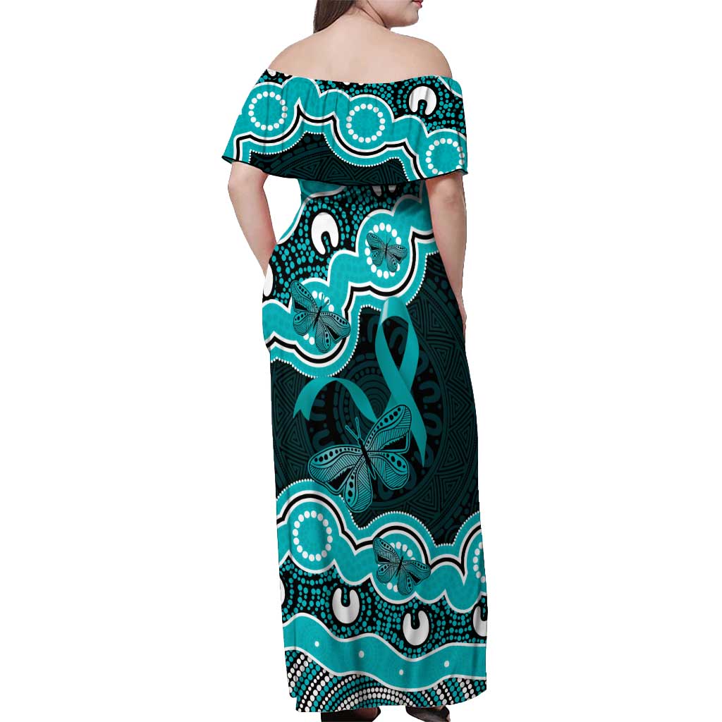 Cyan Ribbon PTSD Awareness Month Off Shoulder Maxi Dress Aboriginal Art - Aussie Hoodie