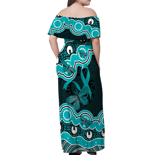 Cyan Ribbon PTSD Awareness Month Off Shoulder Maxi Dress Aboriginal Art - Aussie Hoodie