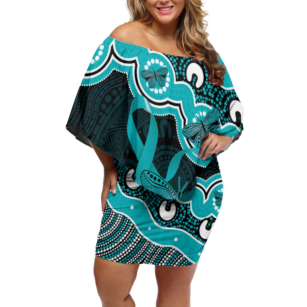 Cyan Ribbon PTSD Awareness Month Off Shoulder Short Dress Aboriginal Art - Aussie Hoodie