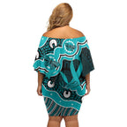 Cyan Ribbon PTSD Awareness Month Off Shoulder Short Dress Aboriginal Art - Aussie Hoodie