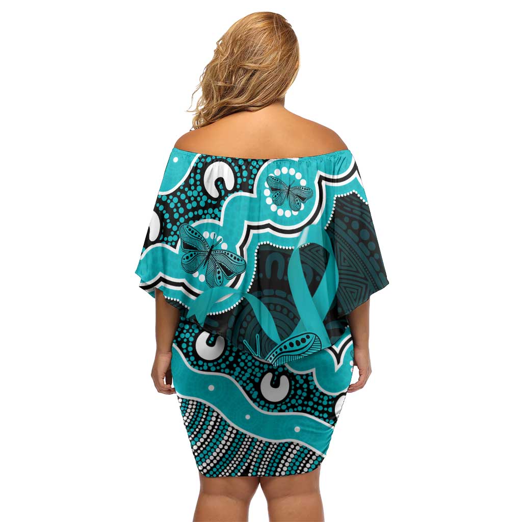 Cyan Ribbon PTSD Awareness Month Off Shoulder Short Dress Aboriginal Art - Aussie Hoodie