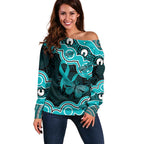 Cyan Ribbon PTSD Awareness Month Off Shoulder Sweater Aboriginal Art - Aussie Hoodie