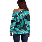 Cyan Ribbon PTSD Awareness Month Off Shoulder Sweater Aboriginal Art - Aussie Hoodie