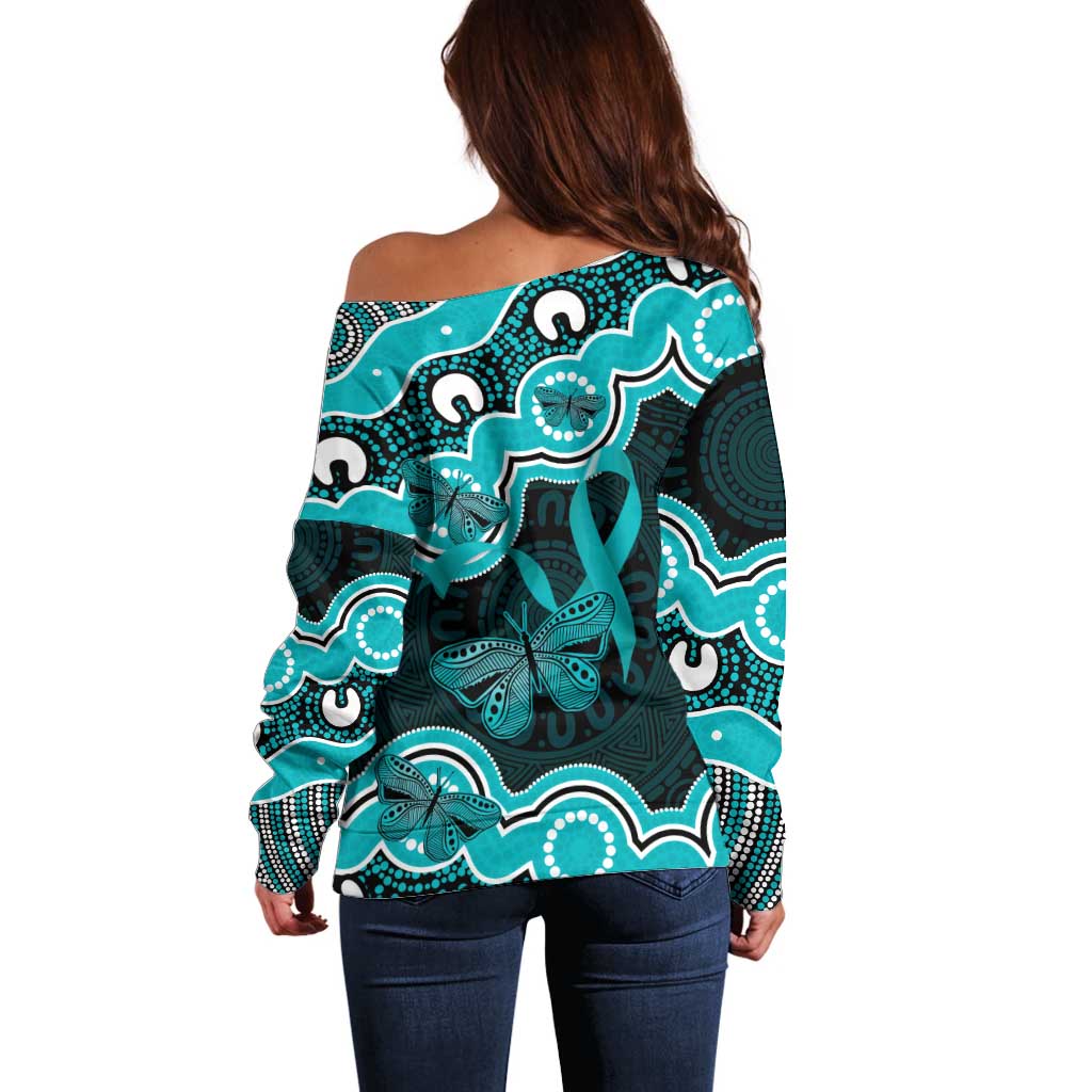 Cyan Ribbon PTSD Awareness Month Off Shoulder Sweater Aboriginal Art - Aussie Hoodie