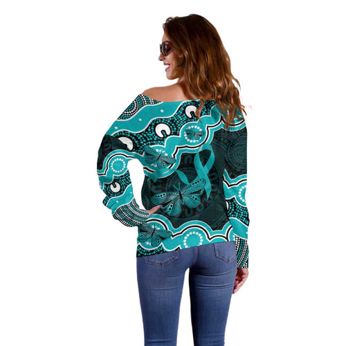 Cyan Ribbon PTSD Awareness Month Off Shoulder Sweater Aboriginal Art - Aussie Hoodie